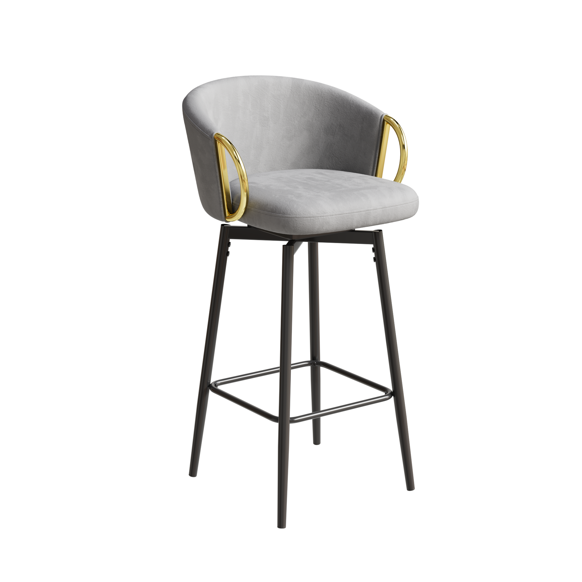 Grey velvet bar stool with gold accents and dark metal legs