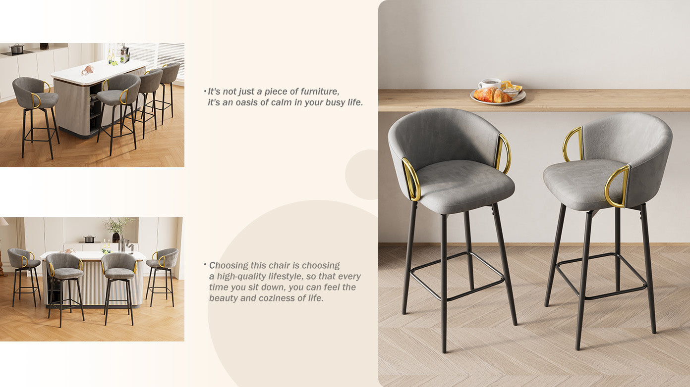 Gray velvet bar stool with gold accents and black legs