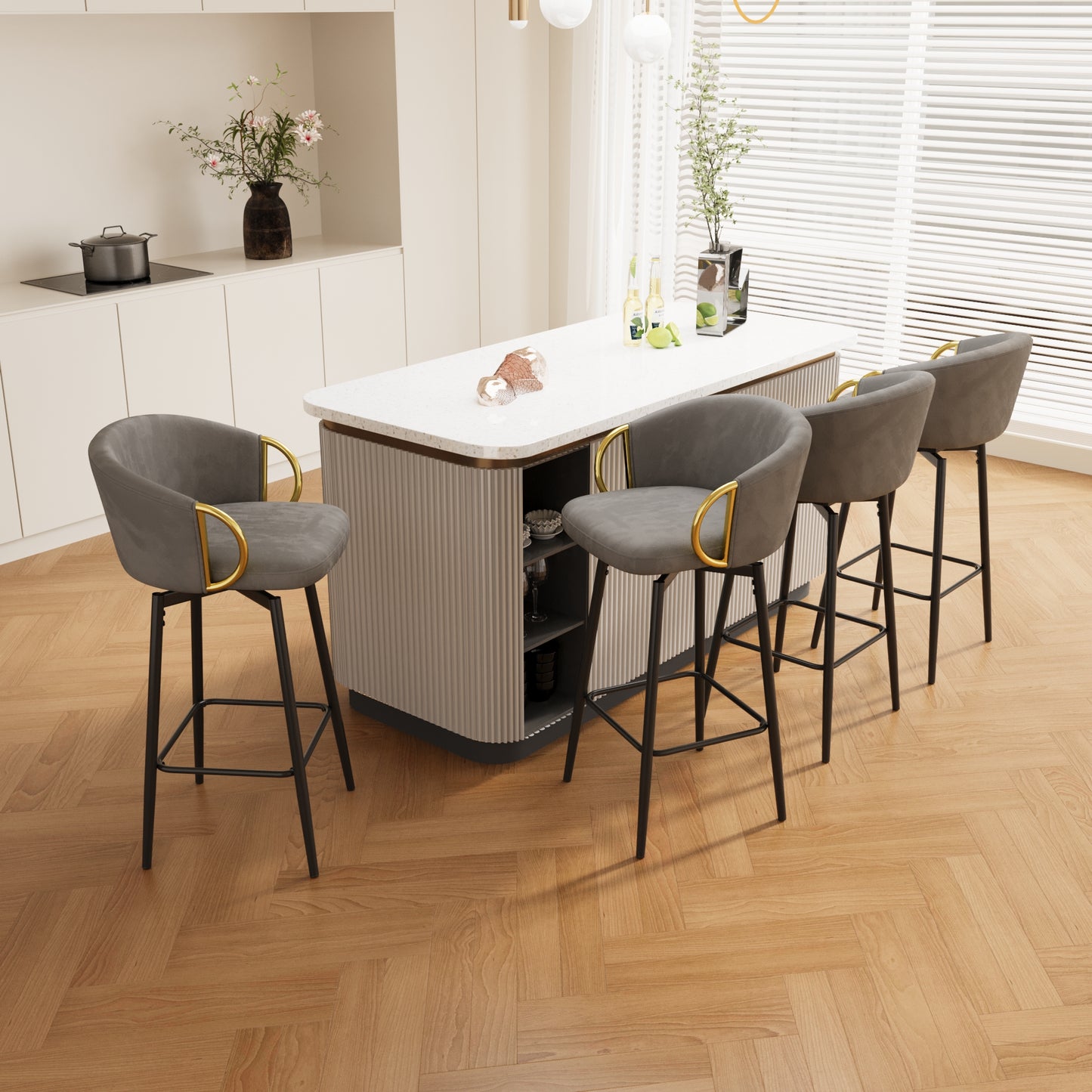 Gray velvet bar stool with gold accent arms and black legs