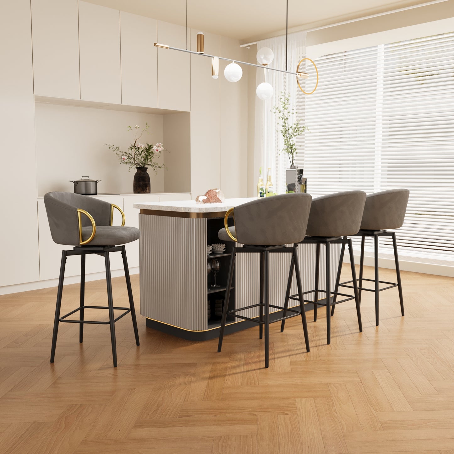 Grey velvet swivel bar stool with gold accents and black legs