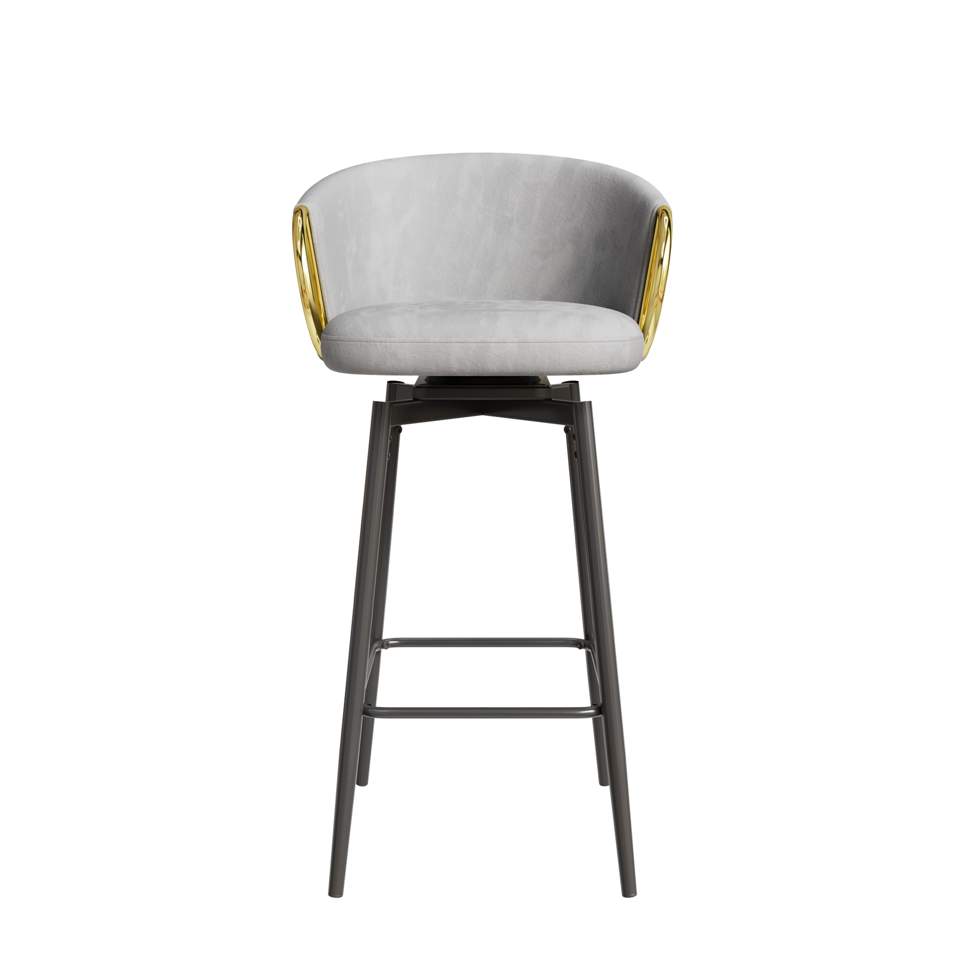 Light grey velvet bar stool with gold accents and black metal legs
