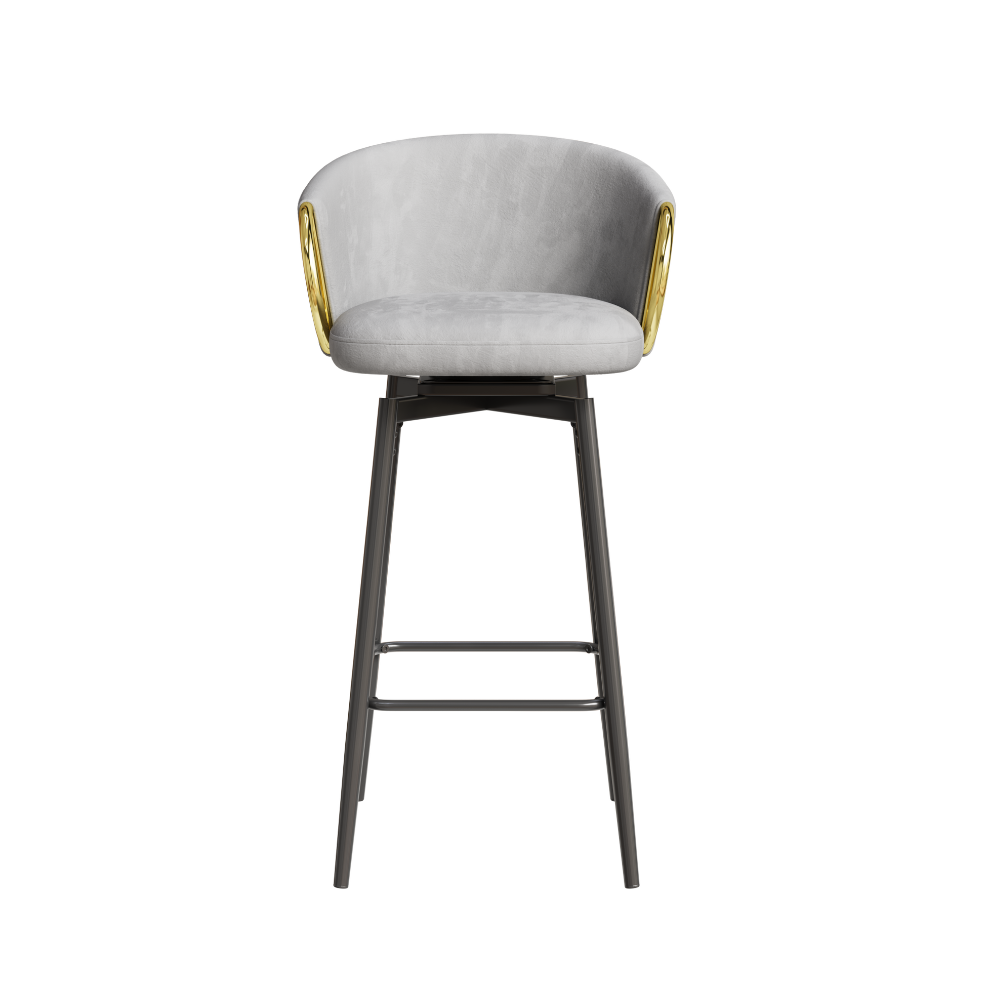 Light grey velvet swivel bar stool with gold accents and dark metal legs