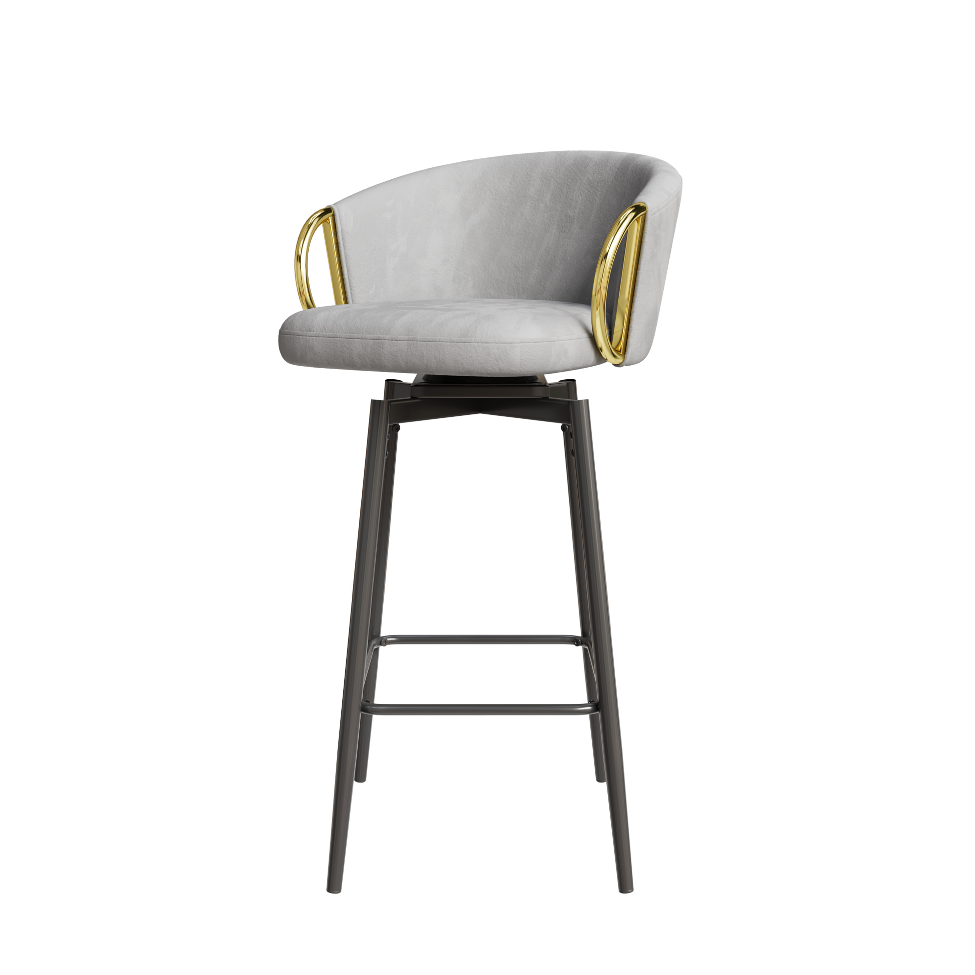 Gray velvet bar stool with gold armrests and black metal legs