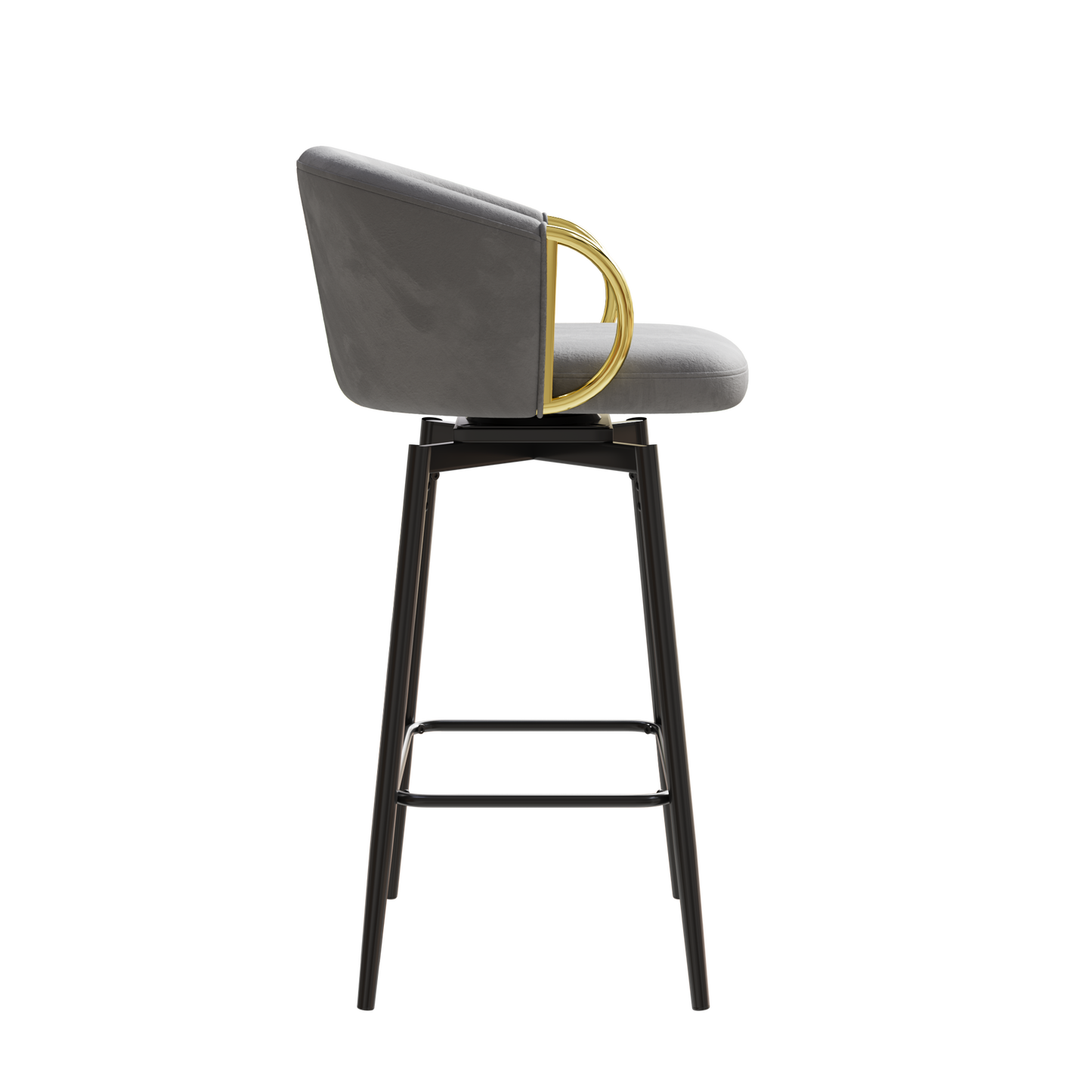 Gray velvet swivel bar stool with gold arm accents and black metal legs