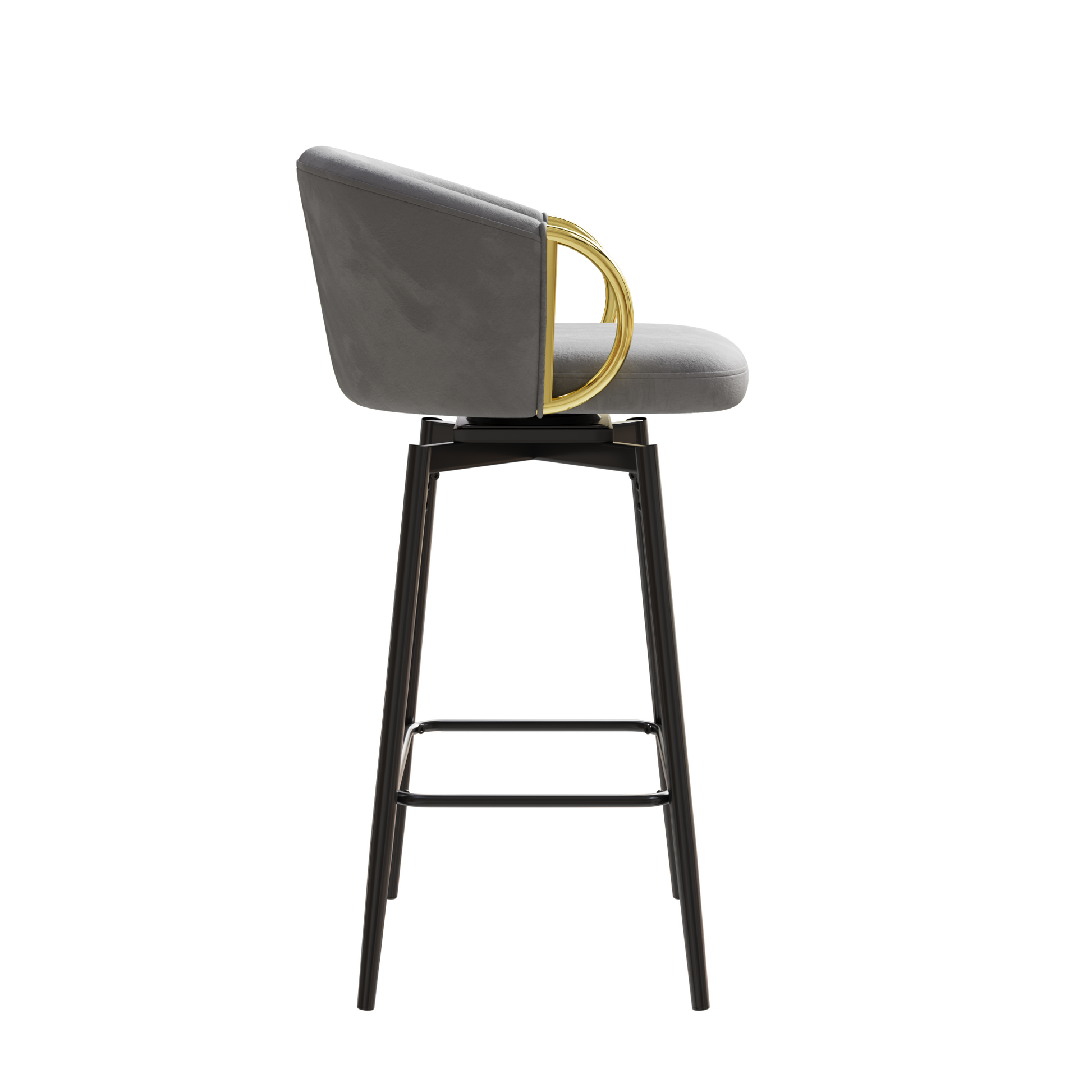 Gray velvet swivel bar stool with gold arm accents and black metal legs