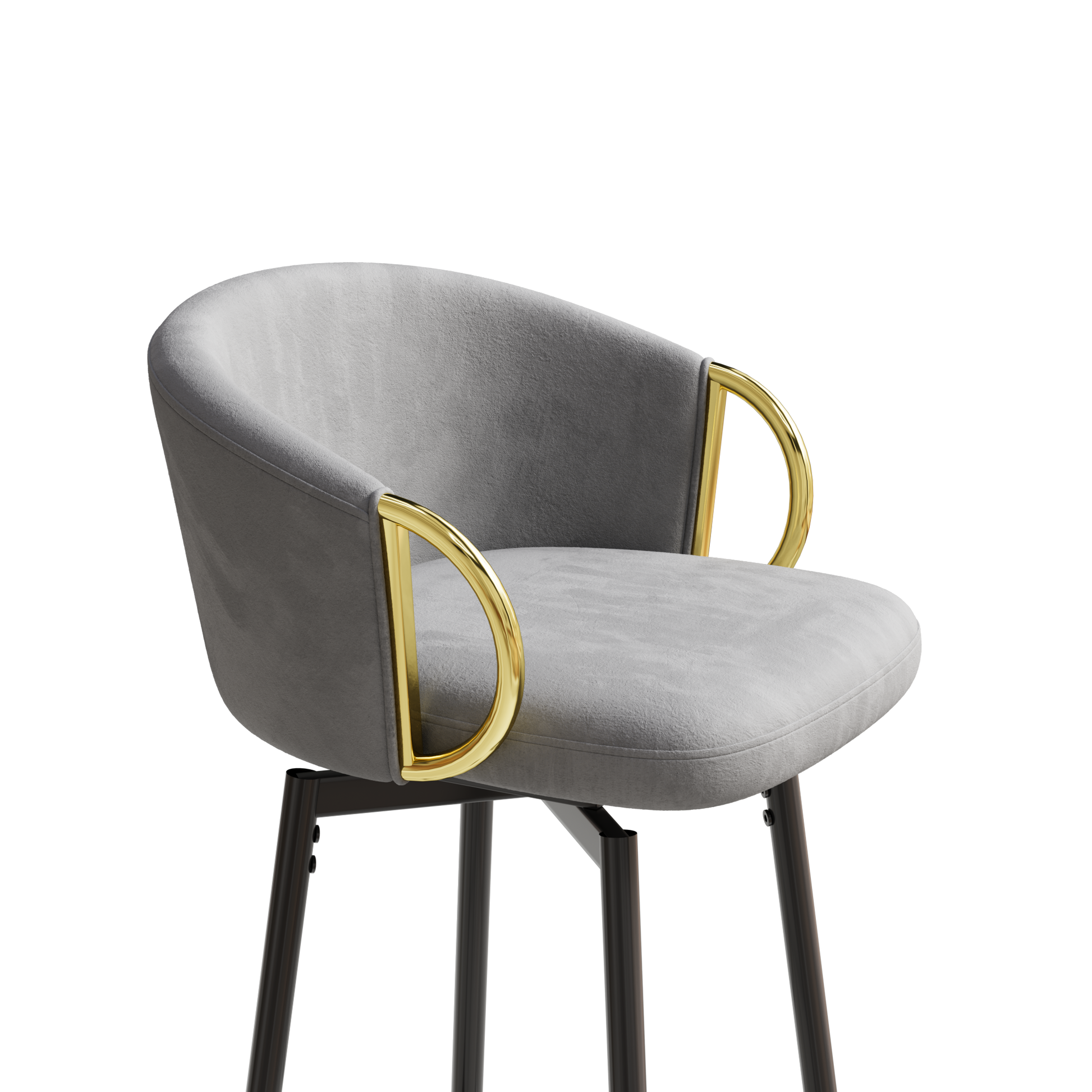 Light gray velvet bar stool with curved gold arms and dark metal legs