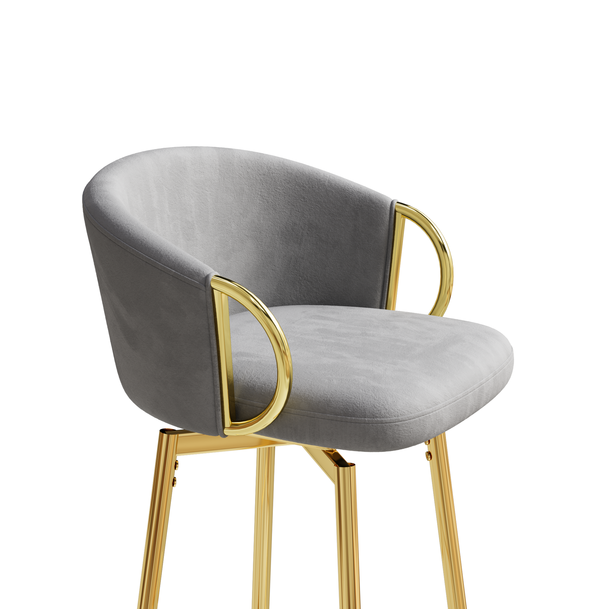 Gray velvet bar stool with polished gold frame and legs