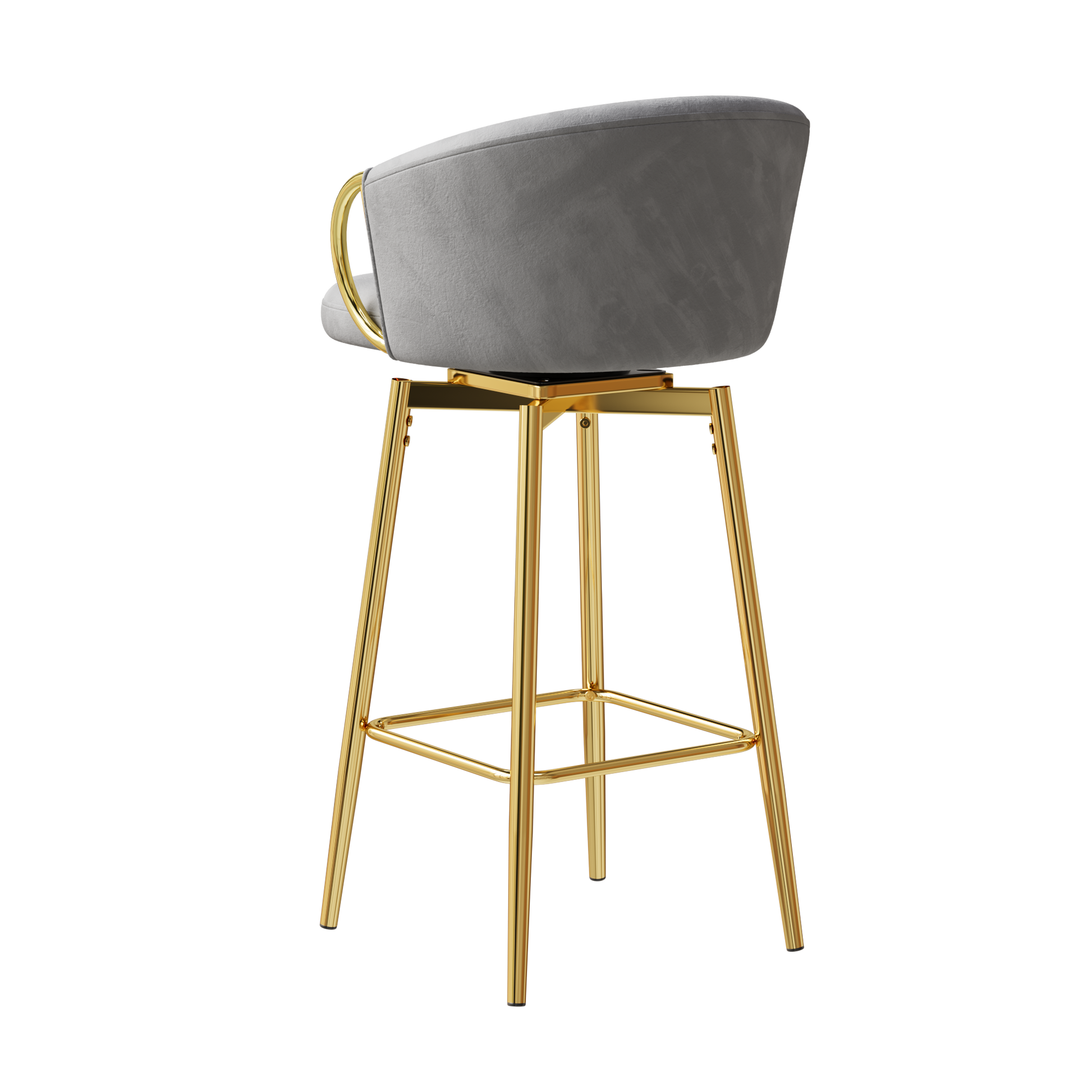 Grey velvet swivel bar stool with polished gold legs