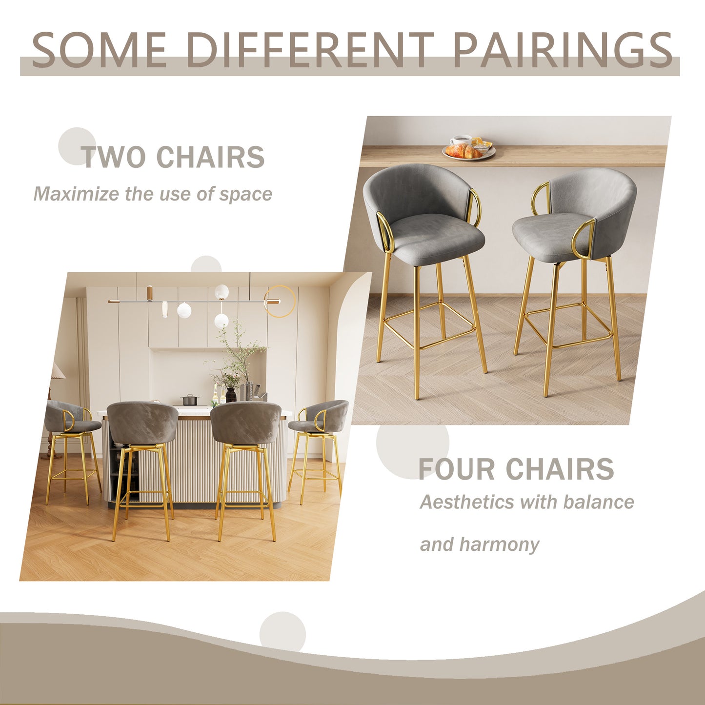 Grey velvet bar stools with gold legs in a modern kitchen setting