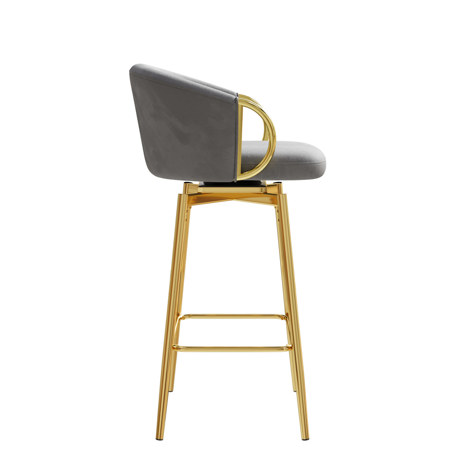 Grey velvet swivel bar stool with gold legs and curved armrest