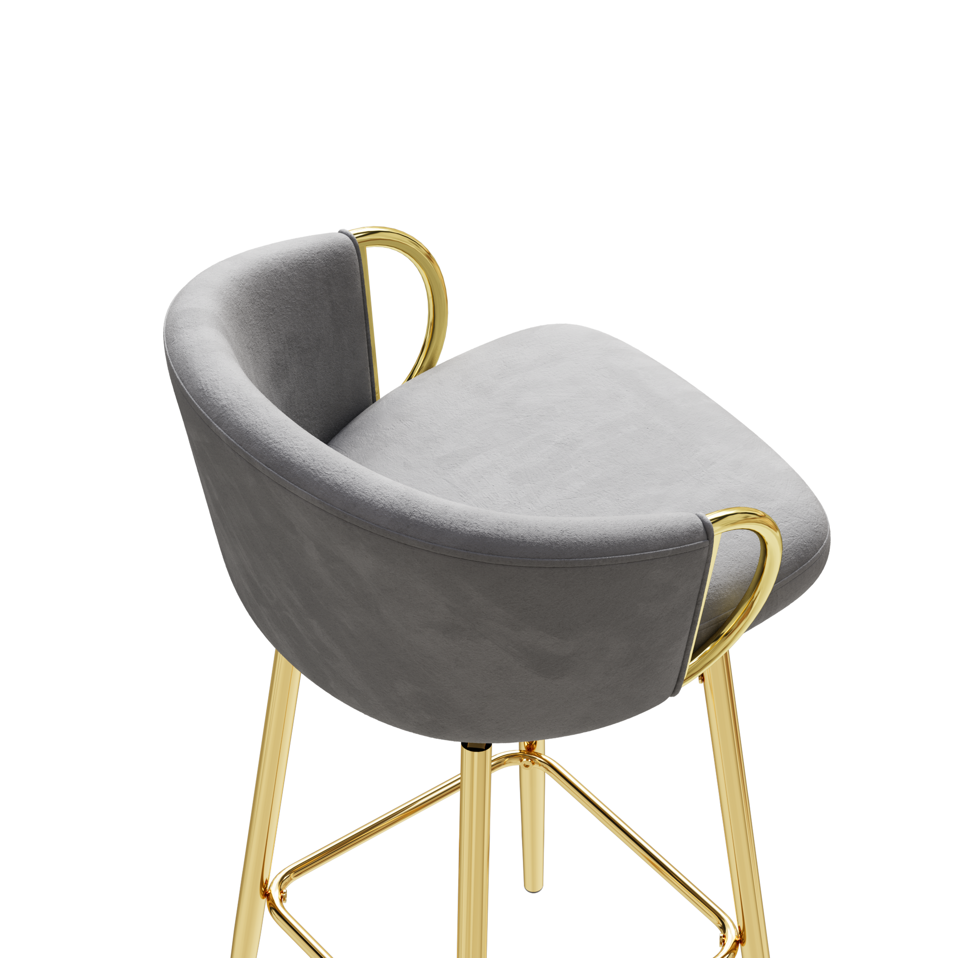 Grey velvet counter stool with polished gold legs and arms