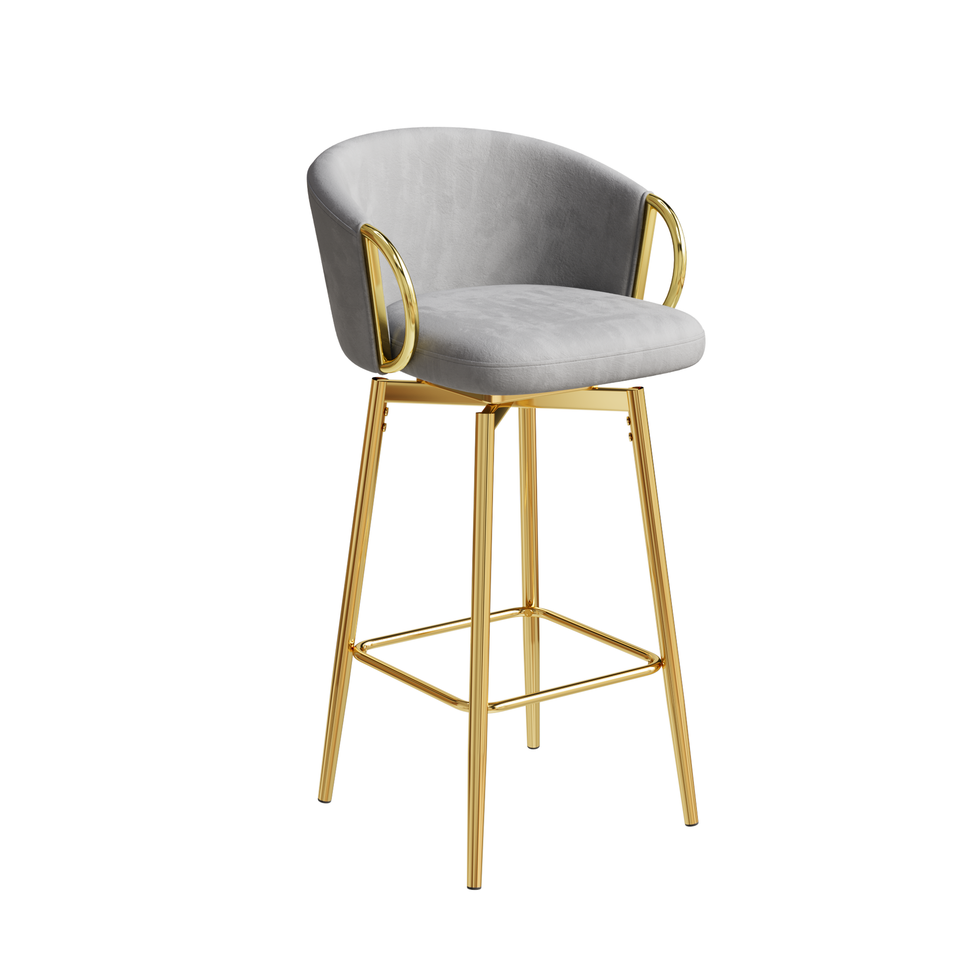 Grey velvet swivel bar stool with gold legs and armrests
