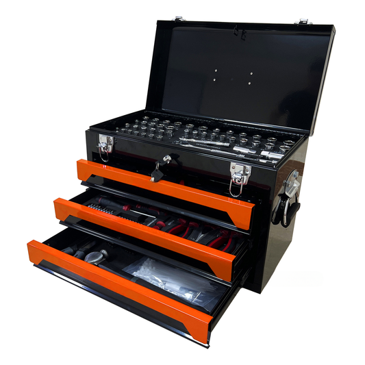 Black metal toolbox with orange trim open lid revealing socket set and trays of tools
