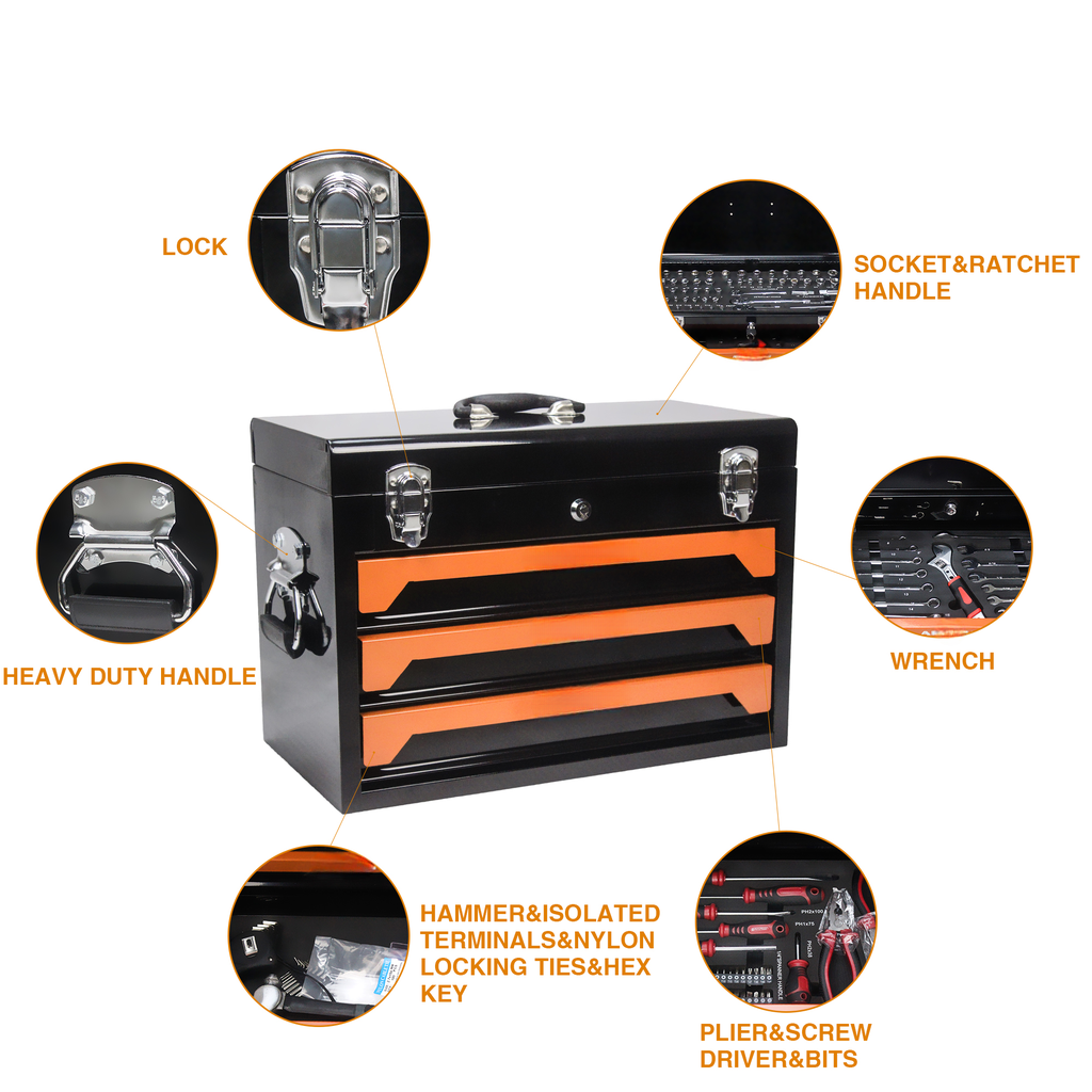 Black metal toolbox with orange drawers