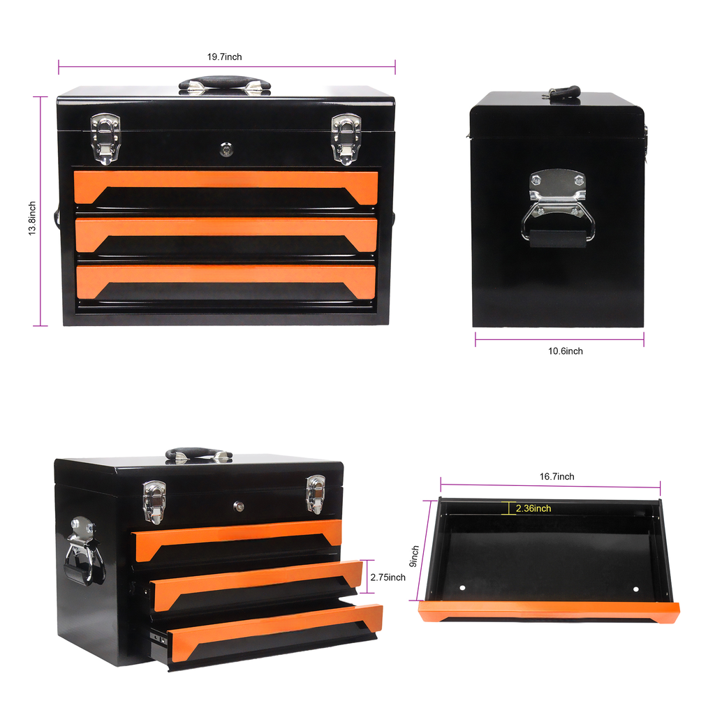 Black metal toolbox with three orangeaccented drawers