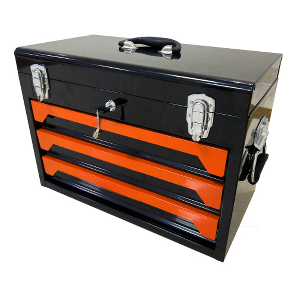 Black metal toolbox with orange drawers and lock