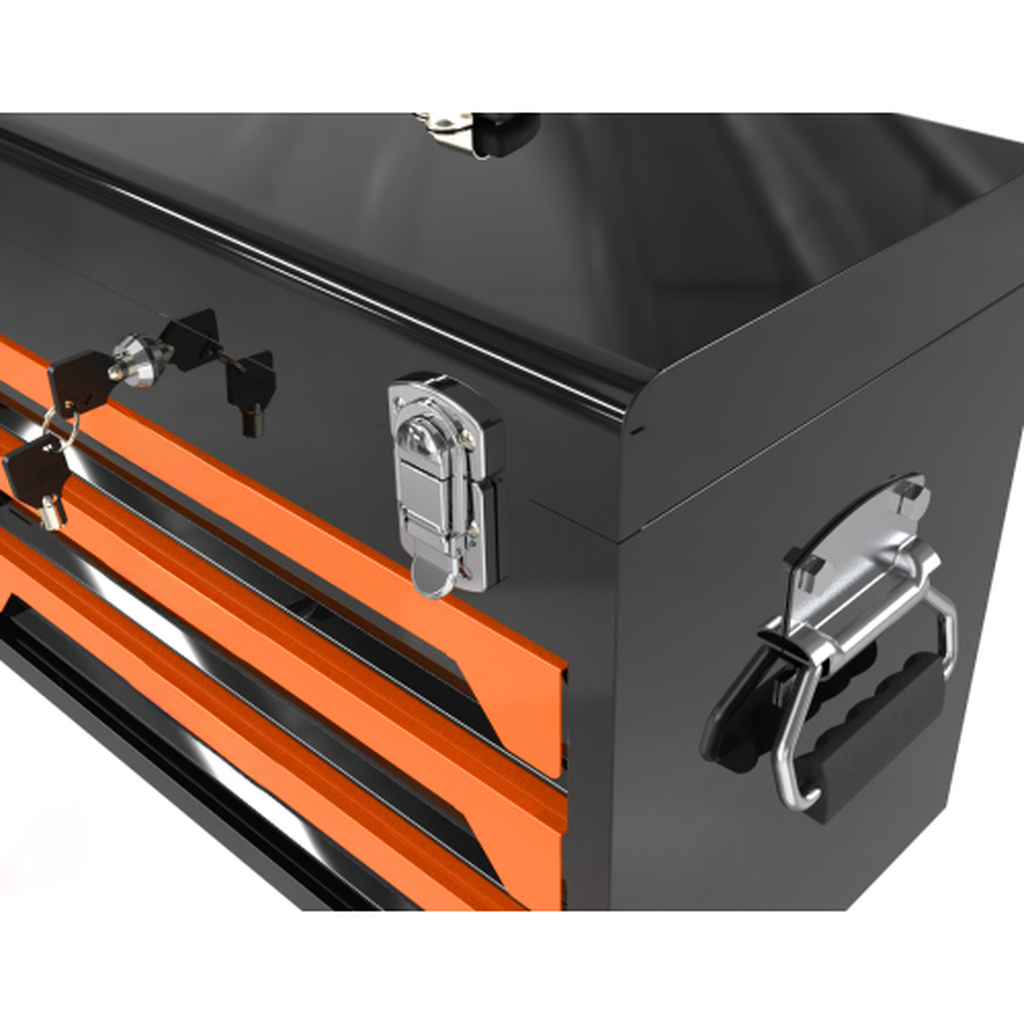 Black metal toolbox with orange drawers and two keys