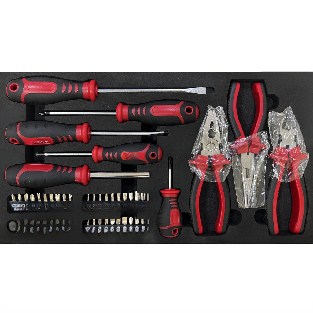 Red and black handled screwdrivers and pliers set for home repairs