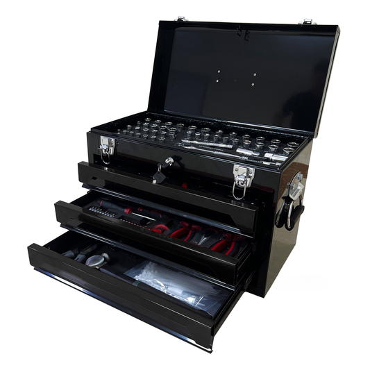 Black metal toolbox with multiple drawers filled with assorted tools
