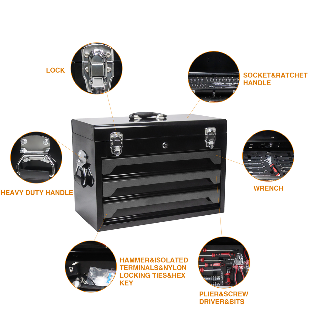 Black metal toolbox with three drawers and a sturdy carrying handle