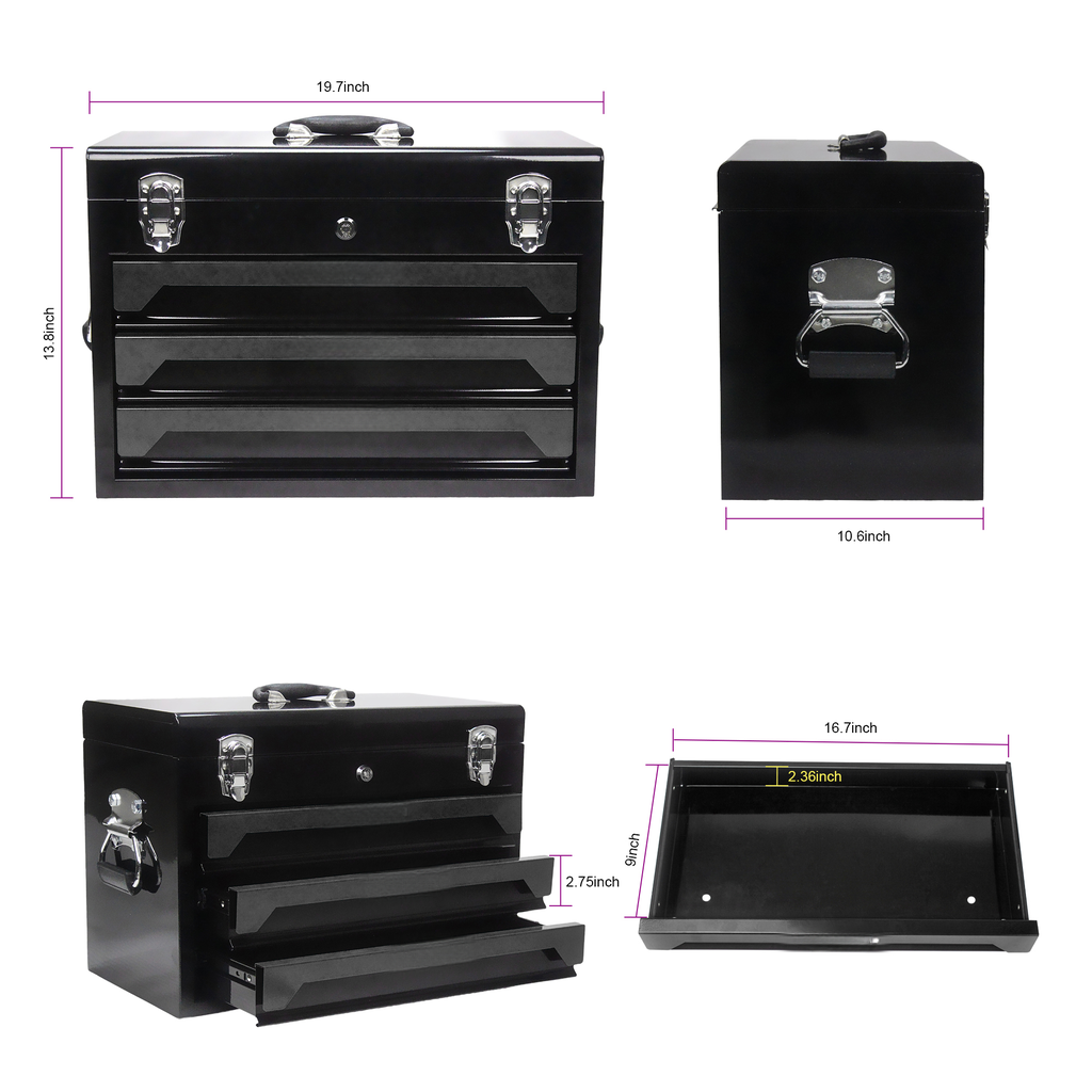 Black drawer metal toolbox with silver latches