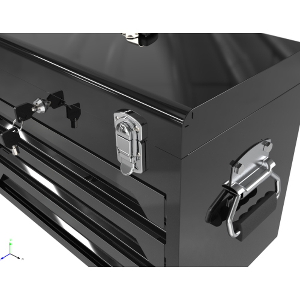 Shiny black metal toolbox with three drawers and a silver latch