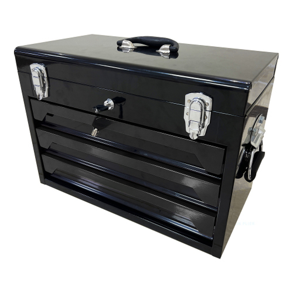 Black threedrawer metal toolbox with chrome latches and handle