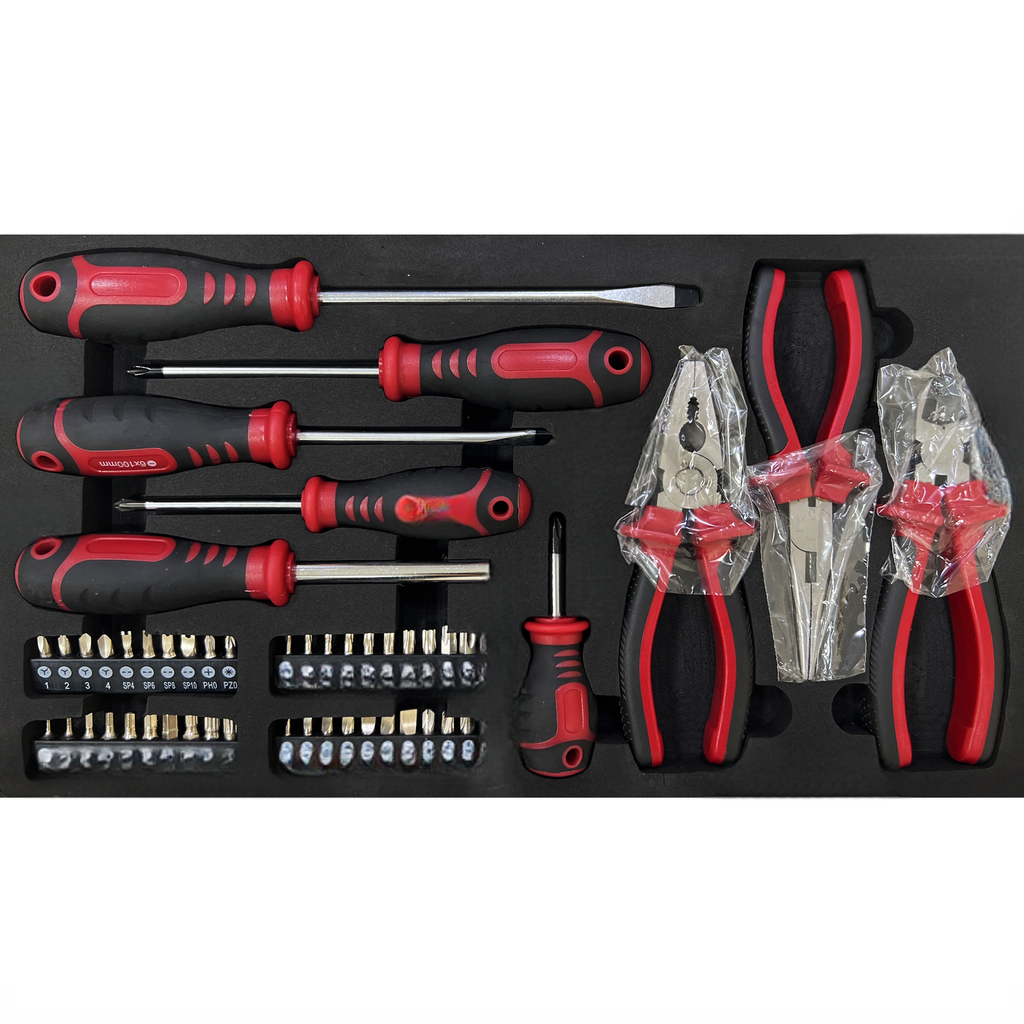 Red and black handled screwdriver set with assorted bits