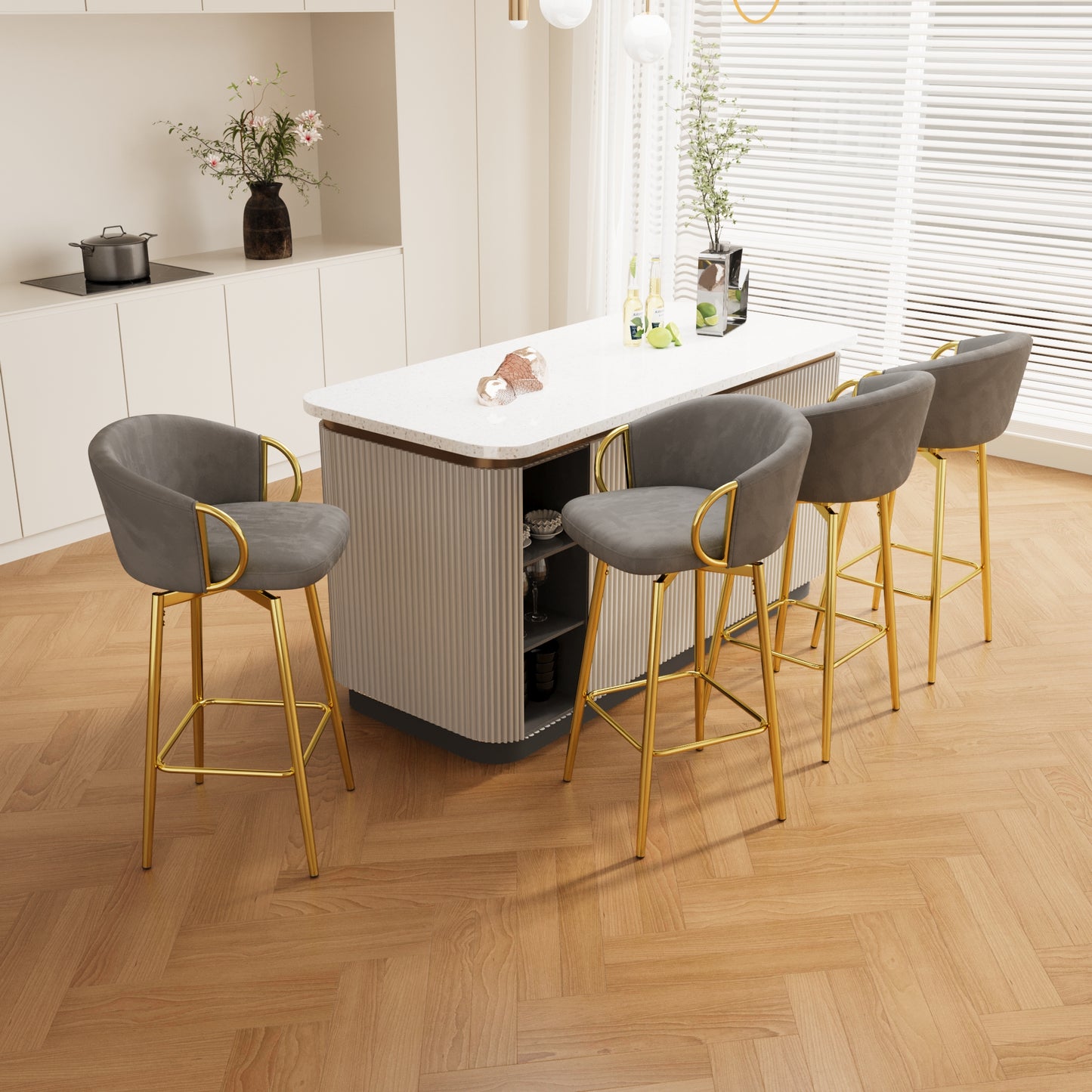 Grey velvet bar stool with gold legs and armrests