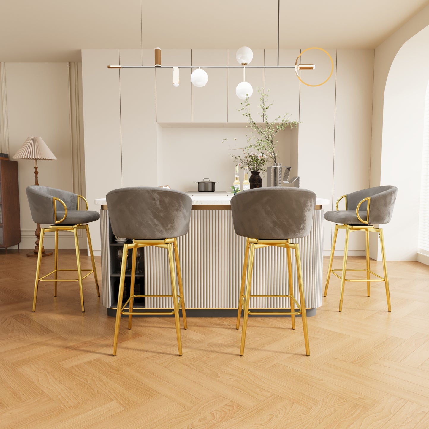 Grey velvet swivel bar stool with gold legs and arms