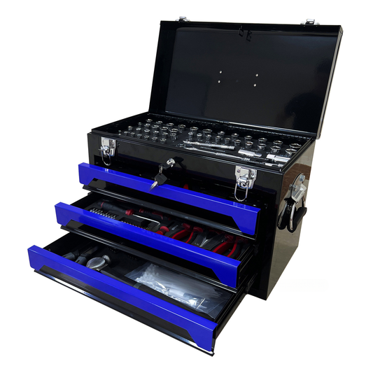 Black steel toolbox with open lid showing assorted sockets and tools blue drawer accents