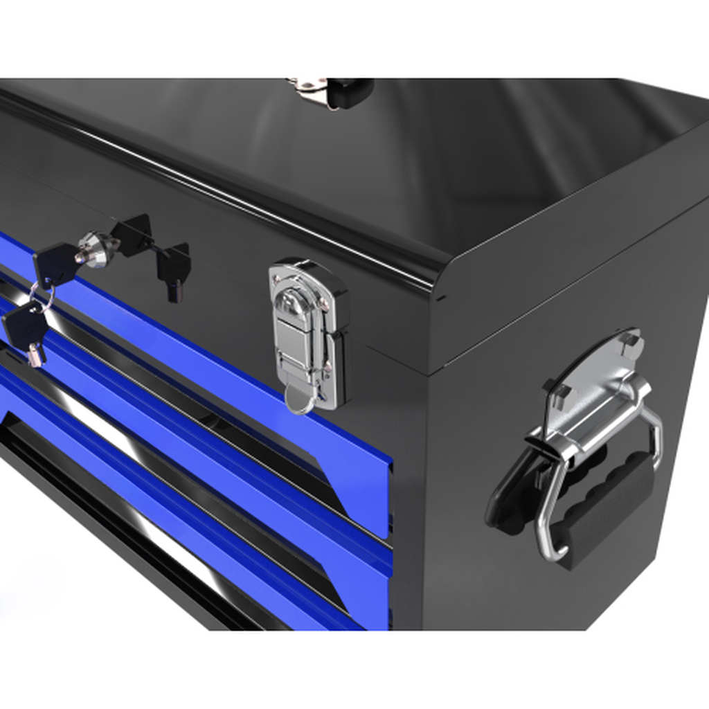 Black steel toolbox with blue drawers and keys