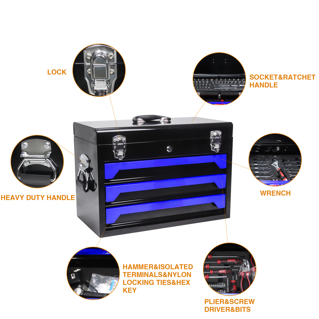 Black metal toolbox with blue drawers and chrome hardware