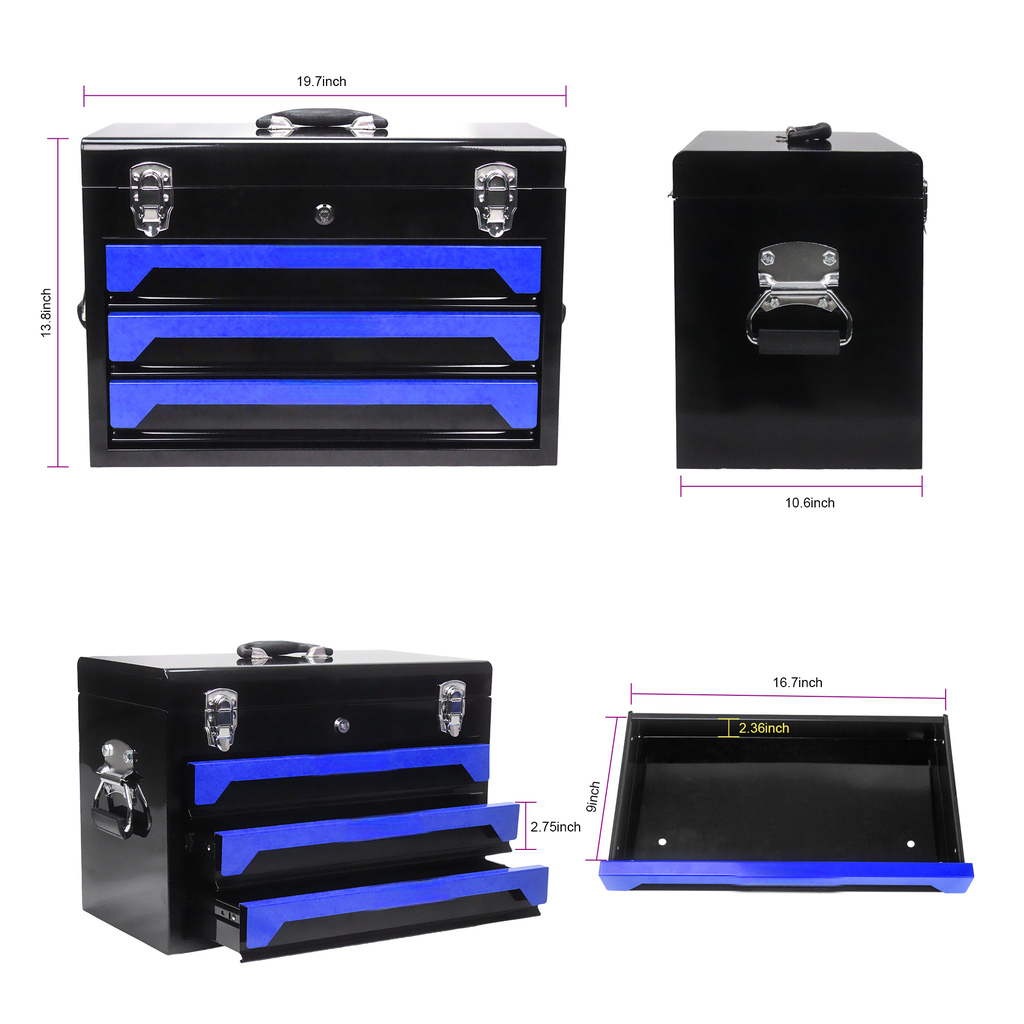 Black metal toolbox with three bluelined drawers and secure latches