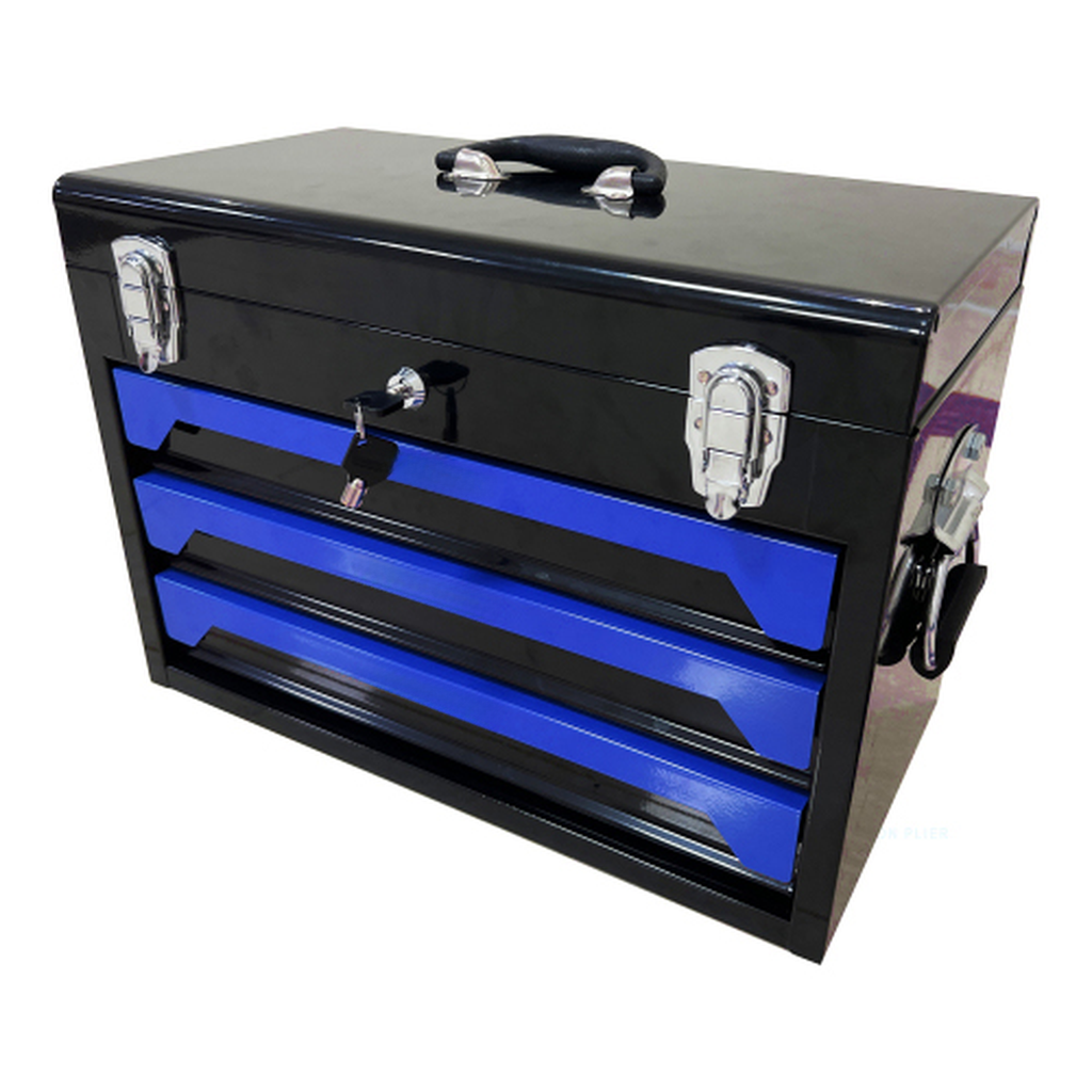 Black metal toolbox with three blue drawers and a key