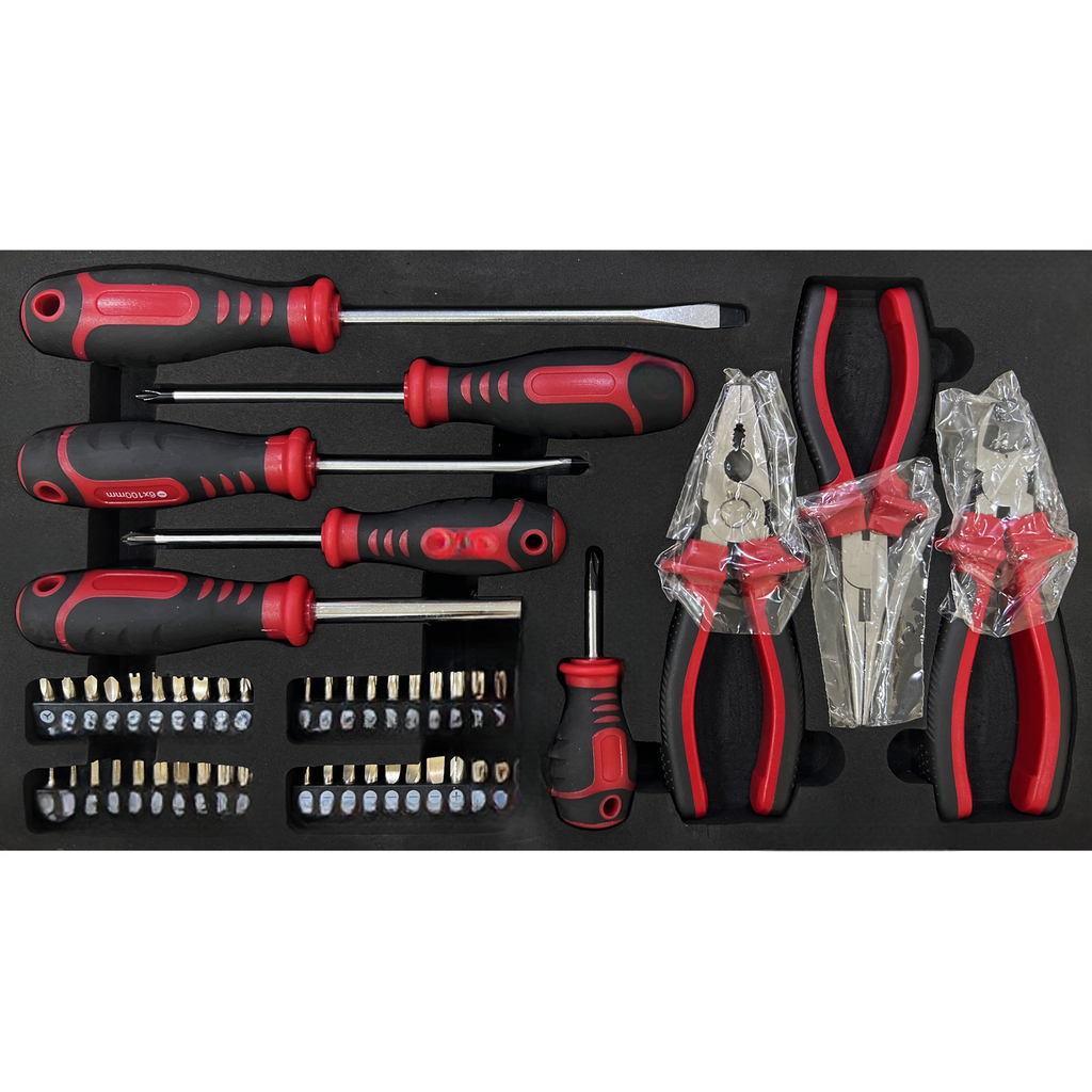 Red and black handled screwdriver set with assorted bits