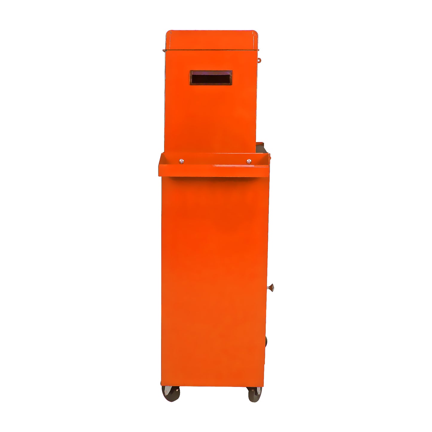 Orange metal tool chest on wheels with a slot on top