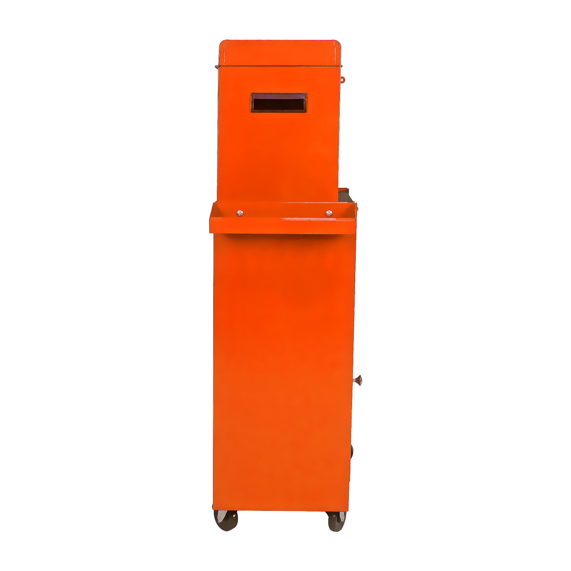 Orange metal tool chest on wheels with a slot on top