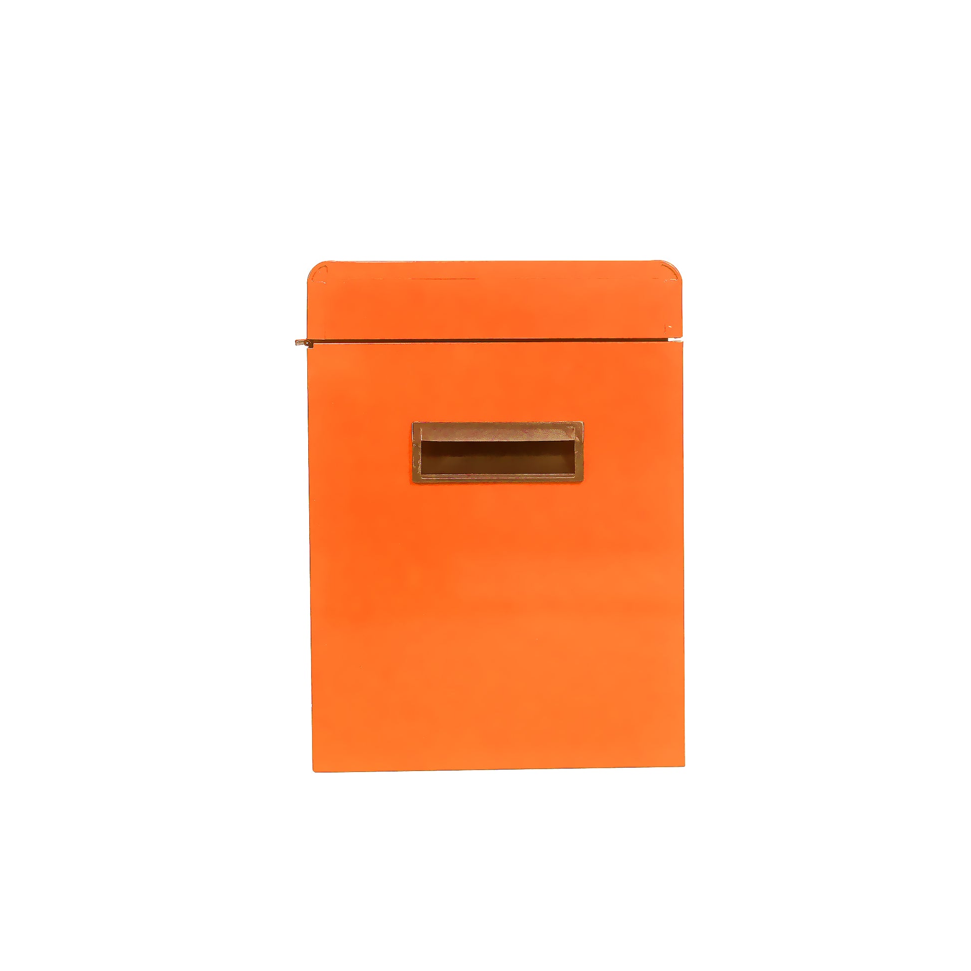 Orange metal mailbox with a mail slot and handle