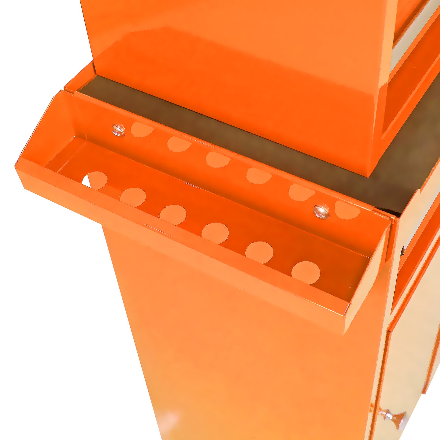 Orange metal rolling tool cart with multiple storage compartments and circular tool holders
