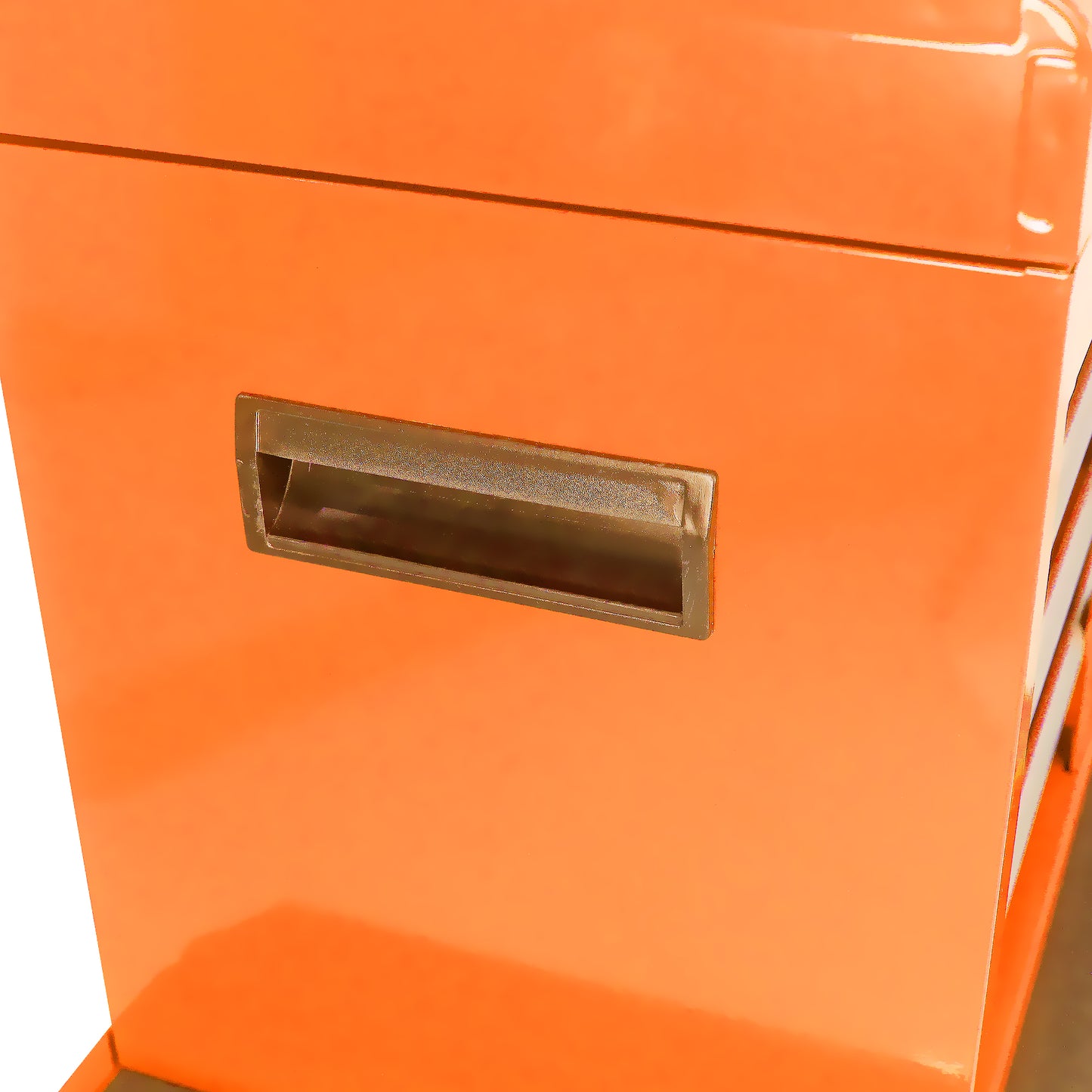Orange metal filing cabinet with recessed drawer pull