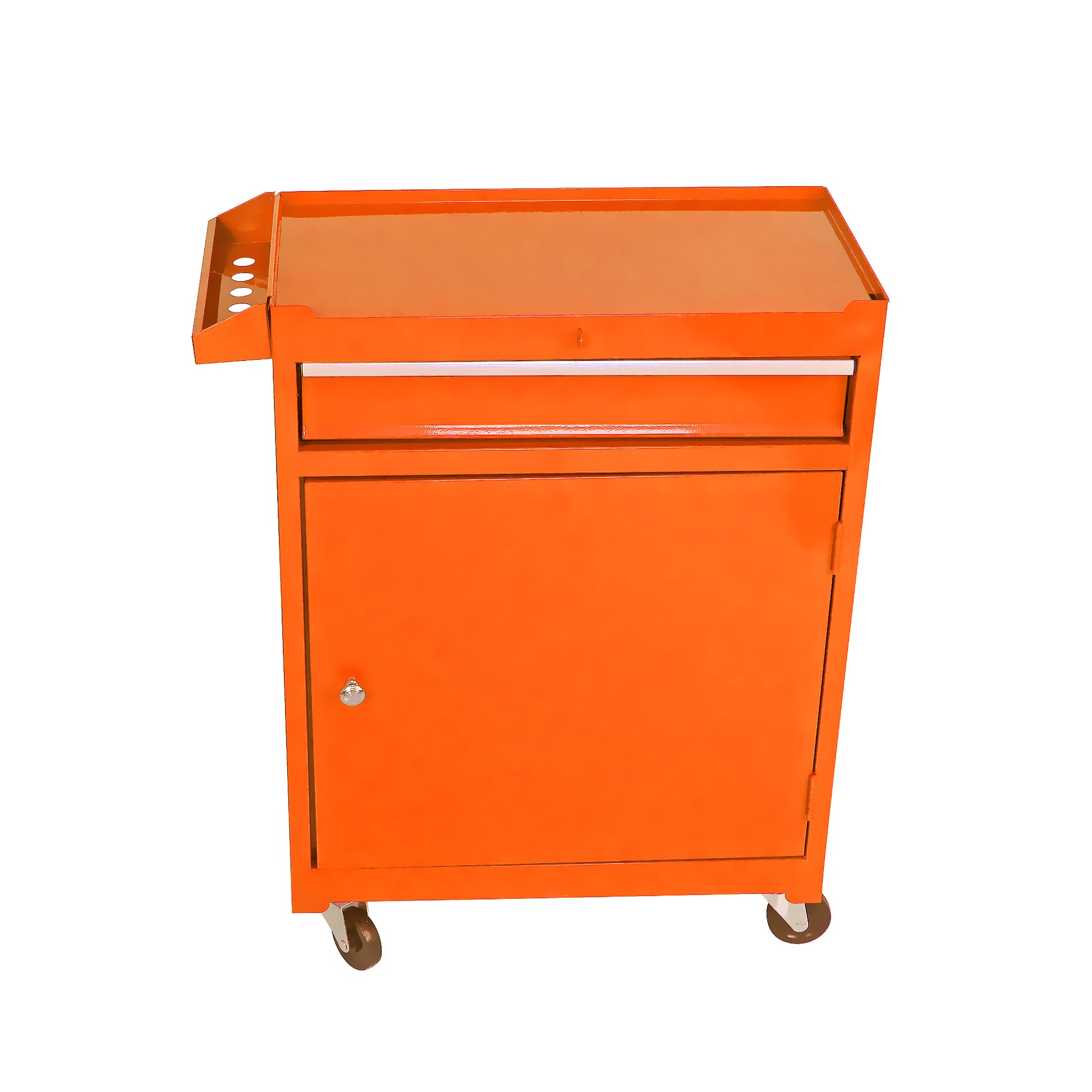 Orange metal utility cart with one drawer and one cabinet door