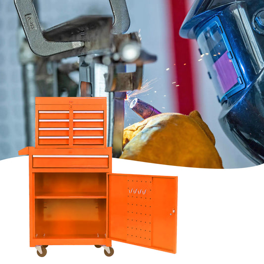 Orange rolling tool chest with multiple drawers and open cabinet