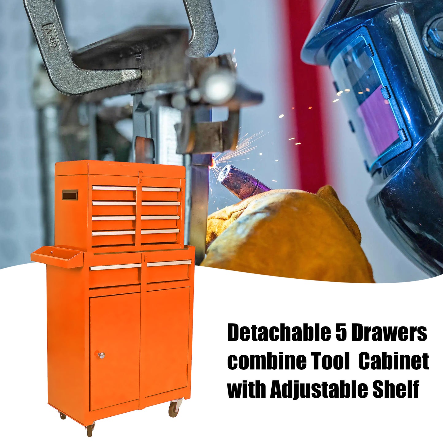 Orange drawer tool cabinet with a removable top section