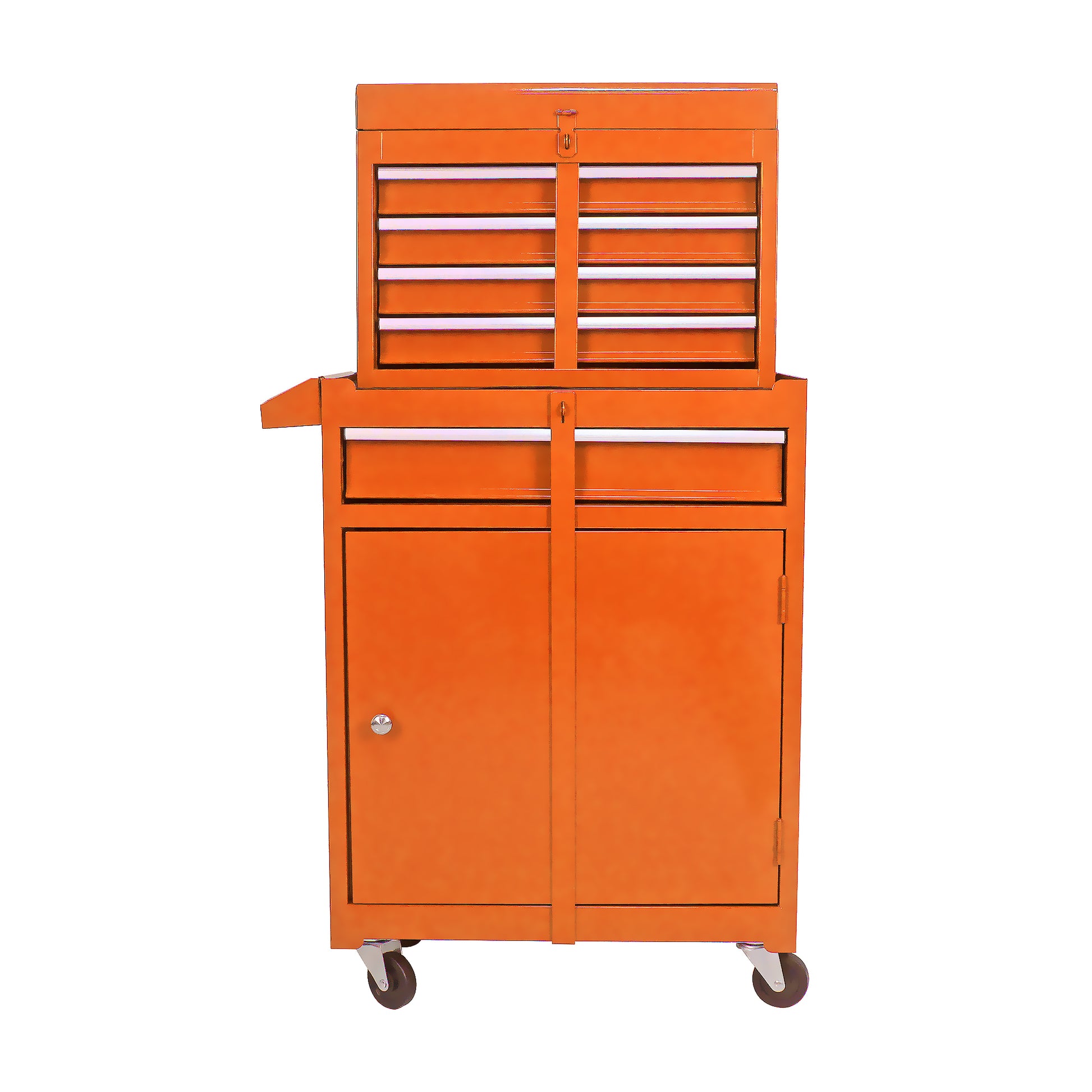 Orange rolling tool chest with multiple drawers and cabinets