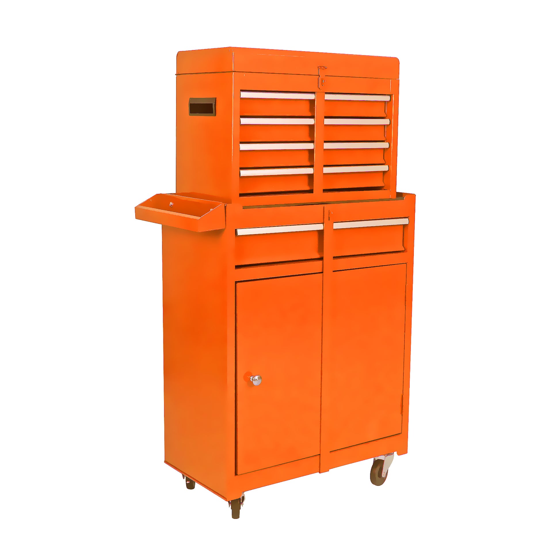 Orange rolling tool chest with multiple drawers and cabinet doors