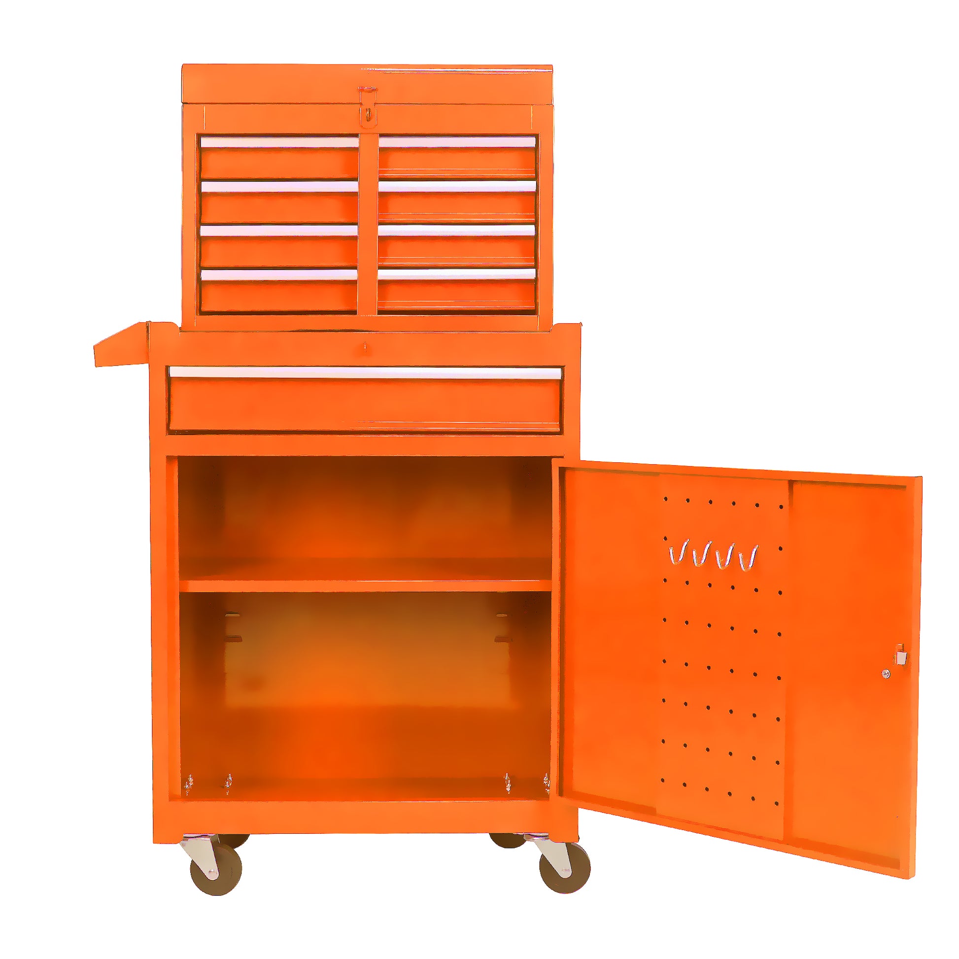 Orange rolling tool chest with multiple drawers and an open cabinet