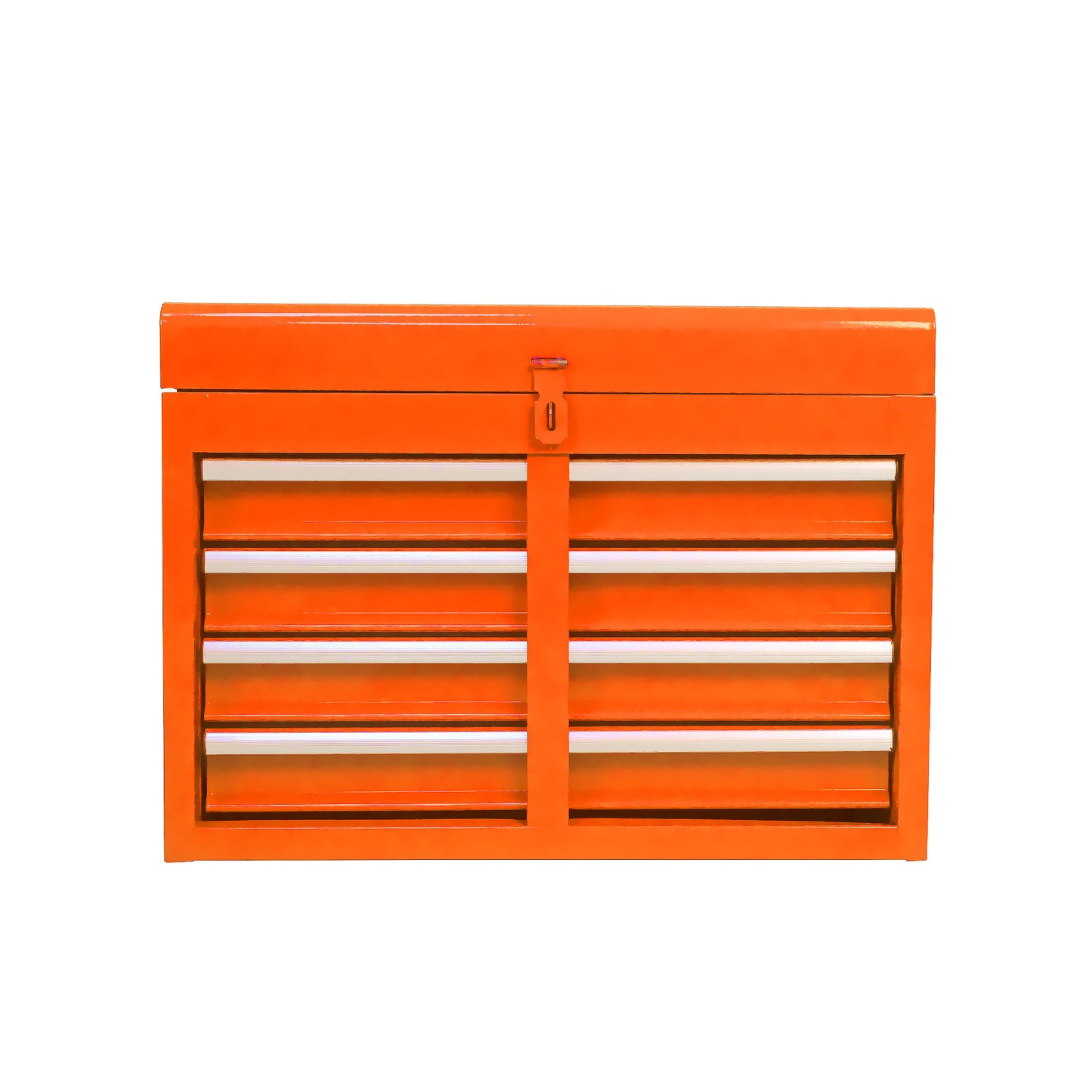 Orange metal tool chest with multiple sliding drawers and a locking latch