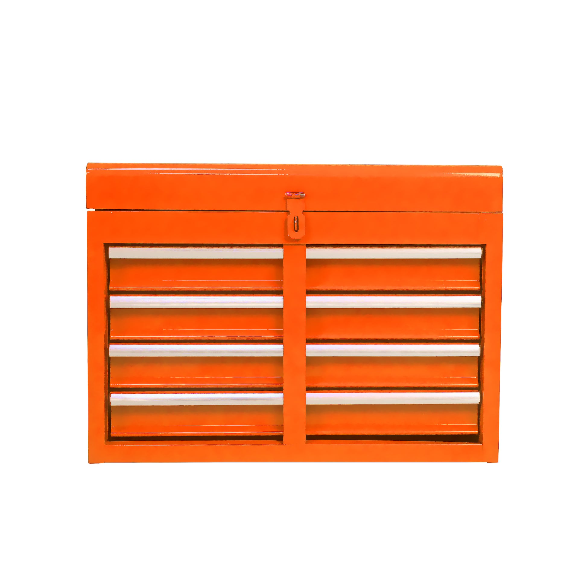 Orange metal tool chest with multiple sliding drawers and a locking latch