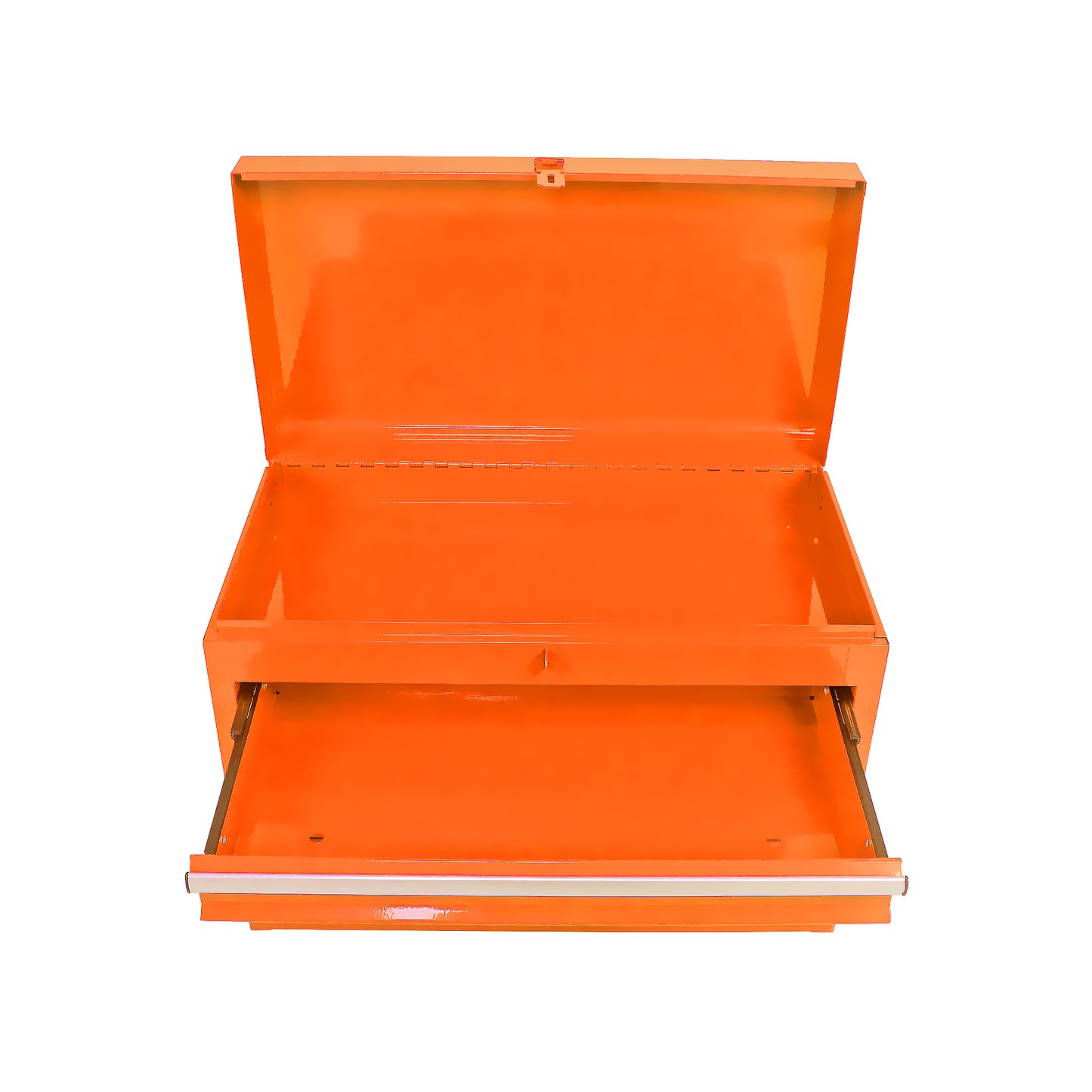 Bright orange metal tool chest with open lid and pullout drawer for organized storage